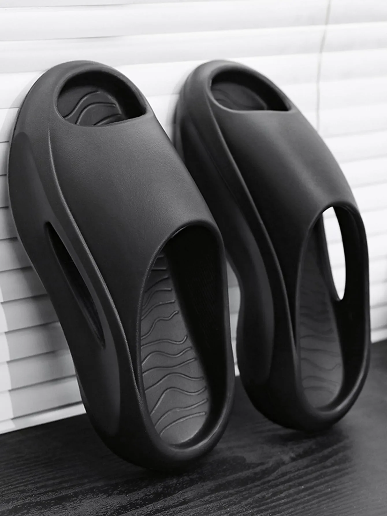 T Rex Dinosaur Slippers Cool Black Slide Shoes For Men, Cut Out Single Band EVA Slippers