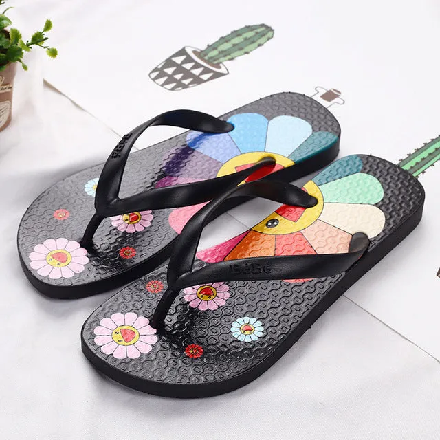 Soft Material Flip Flops Women Summer Slippers Cute flower Flat Flip Flops Ladies Soft Slides Shoes Female Print Floral Bling Beach Casual Sandals