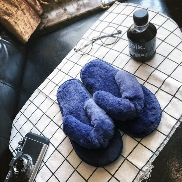 COOTELILI Winter Fashion Women Home Slippers Faux Fur Warm Shoes Woman Slip on Flats Female Fur Flip Flops Pink Plus Size 44 45 Hunter Slippers