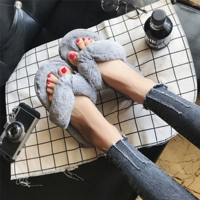 COOTELILI Winter Fashion Women Home Slippers Faux Fur Warm Shoes Woman Slip on Flats Female Fur Flip Flops Pink Plus Size 44 45 Sport Slide Sandals