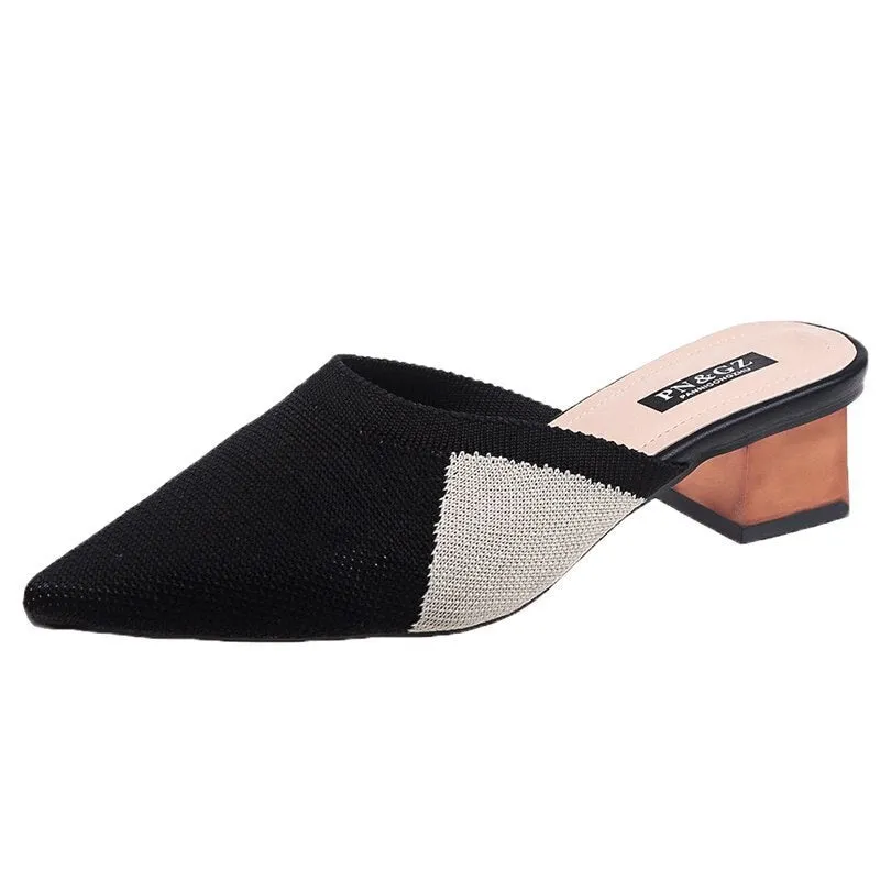 Women's Mules Shoes Outdoor Women Slippers Female Square Toe Shallow Casual Shoes Comfortable Slippers Slides Summer New Pattern For Knitted Slippers