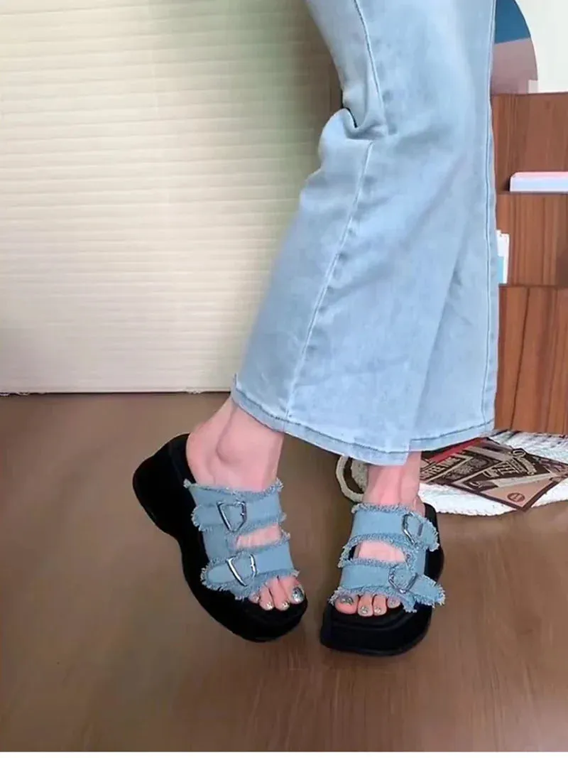 Neuropathy Slippers binfenxie Designer Summer Denim Woman Slippers Fashion Open Toe Platform Flats Slides Shoes Outdoor Dress Sandalias