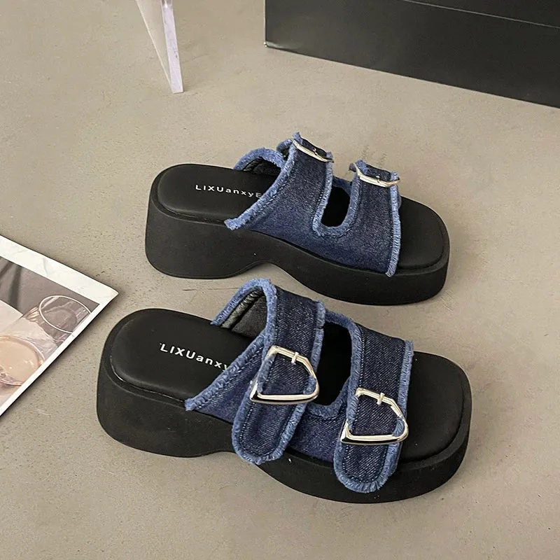 binfenxie Designer Summer Denim Woman Slippers Fashion Open Toe Platform Flats Slides Shoes Outdoor Dress Sandalias Suicoke Slides