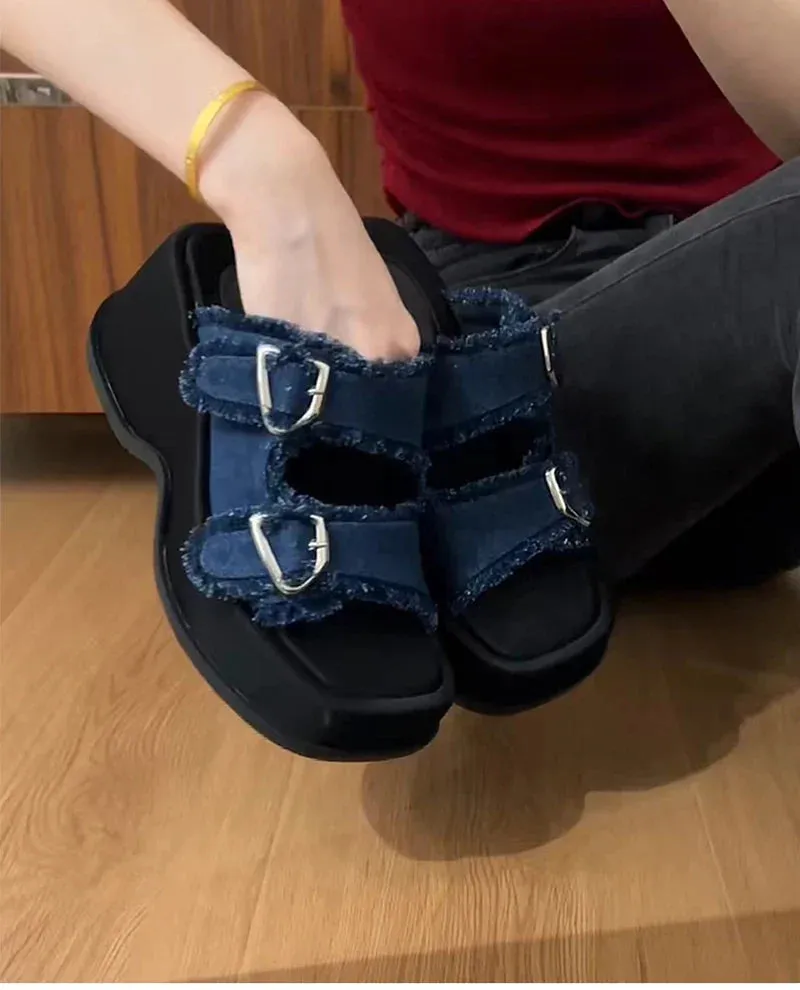 Slippers Laten Bedrukken binfenxie Designer Summer Denim Woman Slippers Fashion Open Toe Platform Flats Slides Shoes Outdoor Dress Sandalias