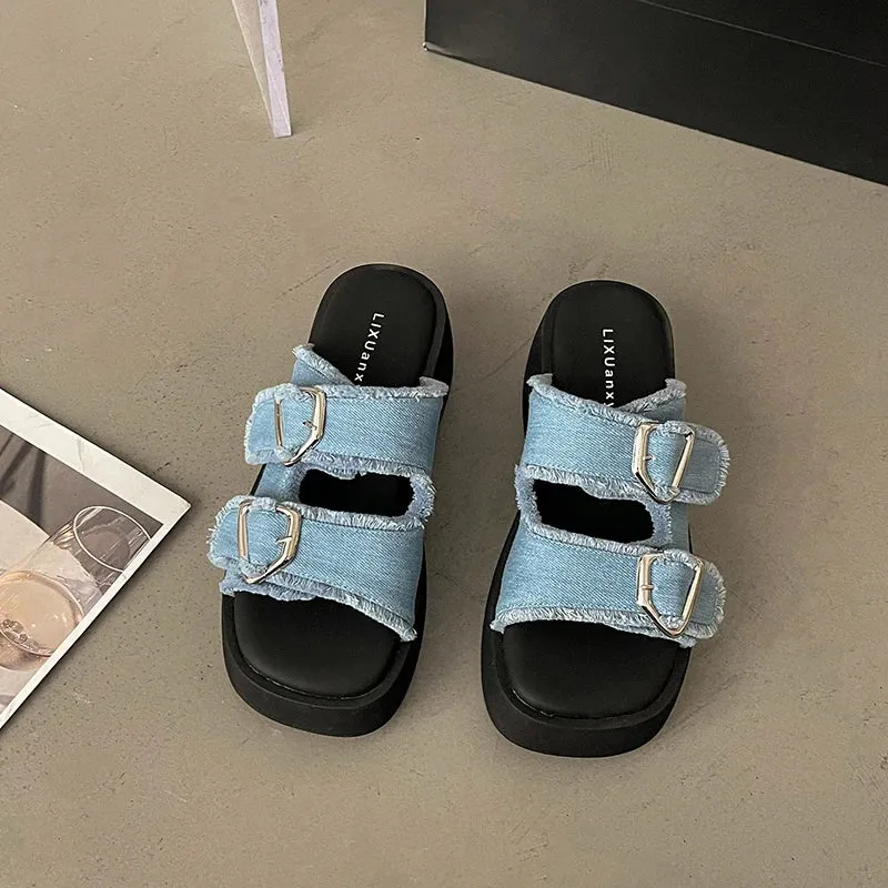 binfenxie Designer Summer Denim Woman Slippers Fashion Open Toe Platform Flats Slides Shoes Outdoor Dress Sandalias Mules Slides