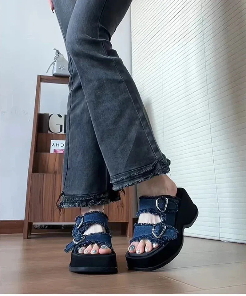 Best Luxury Slippers binfenxie Designer Summer Denim Woman Slippers Fashion Open Toe Platform Flats Slides Shoes Outdoor Dress Sandalias