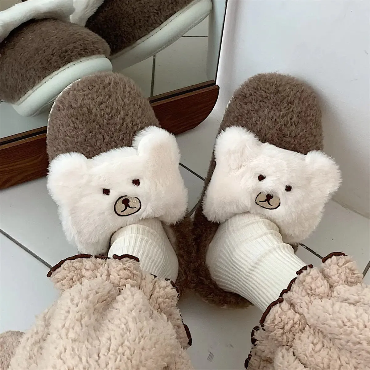 Corgi Slippers Cute Bear Plush Cotton Slippers for Women