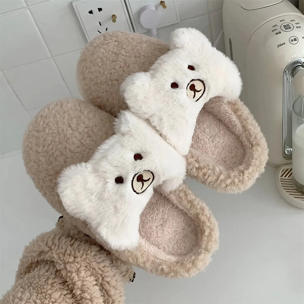 Cute Bear Plush Cotton Slippers for Women Bombas Saturday Slippers