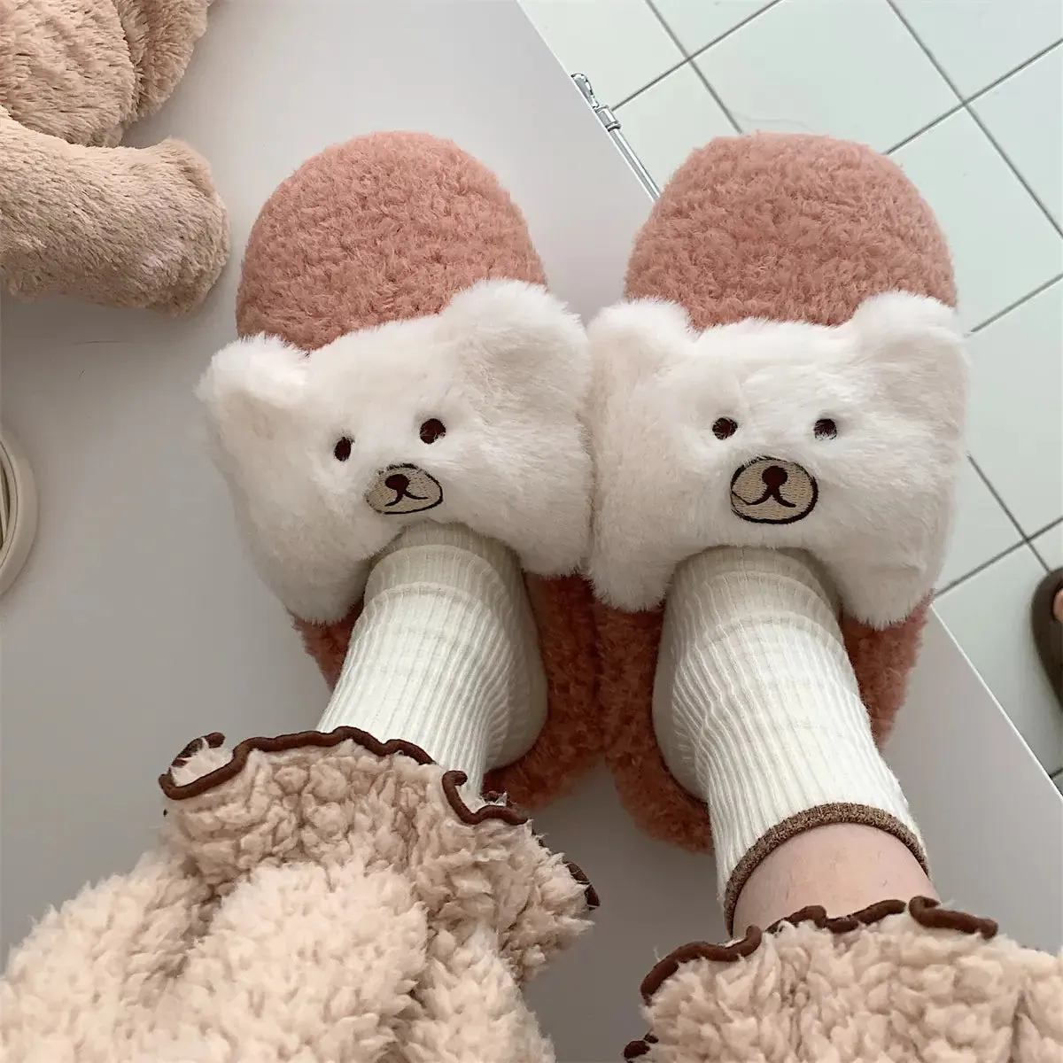 Mini Tonka Slippers Cute Bear Plush Cotton Slippers for Women