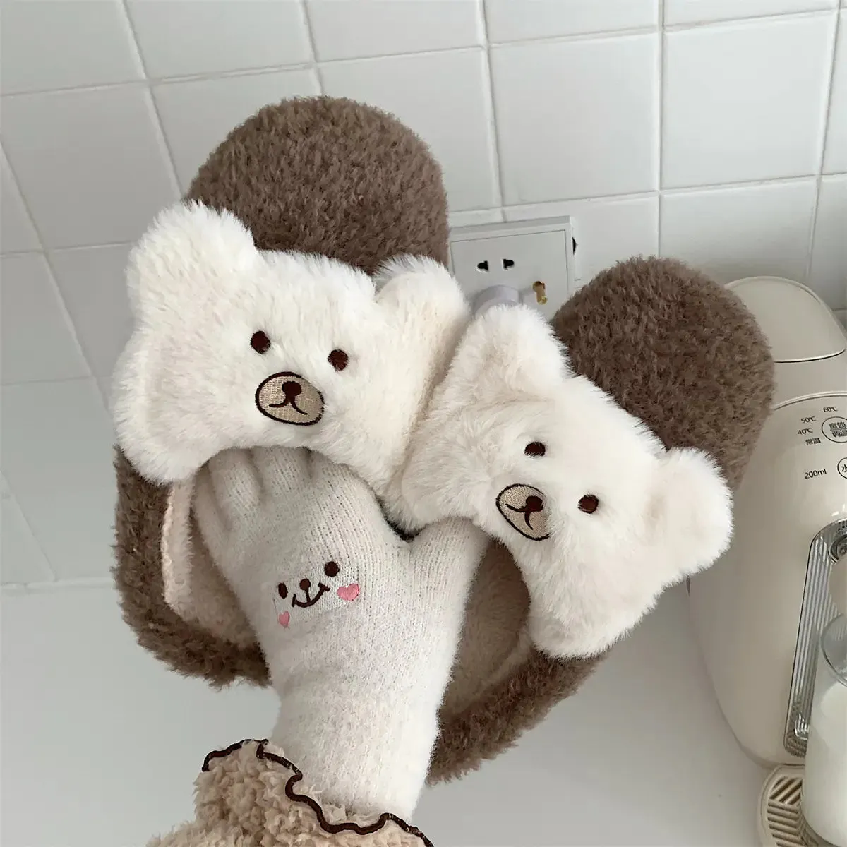 Cute Bear Plush Cotton Slippers for Women Slides Carousel