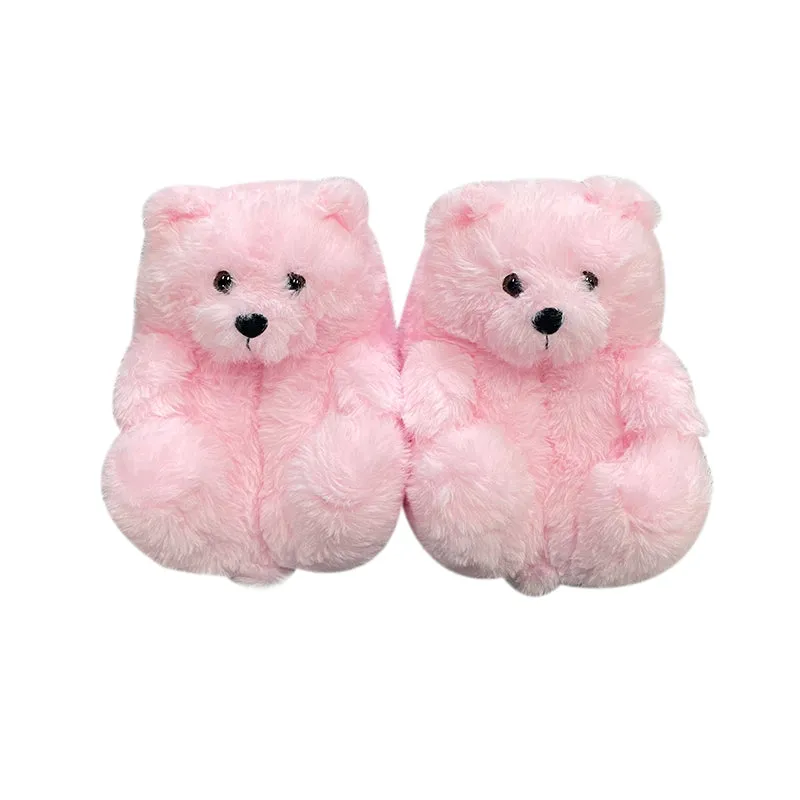 Cute Furry Winter Warm Faux Fur Big Cartoon Teddy Bear Shoes for Kids and Adults Fuzzy Bedroom Slippers