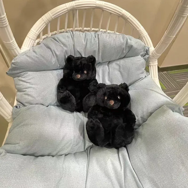 Cute Furry Winter Warm Faux Fur Big Cartoon Teddy Bear Shoes for Kids and Adults Fur Slides Designer