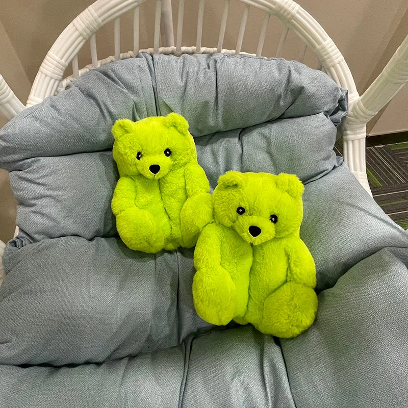 Glass Slippers Korean Drama Cute Furry Winter Warm Faux Fur Big Cartoon Teddy Bear Shoes for Kids and Adults