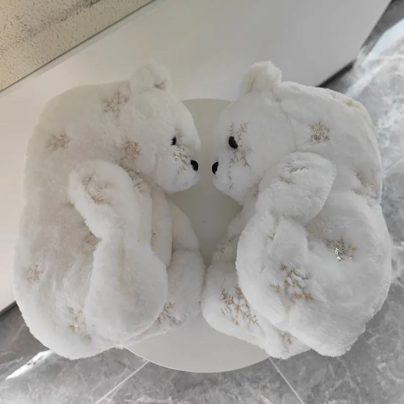 Cute Furry Winter Warm Faux Fur Big Cartoon Teddy Bear Shoes for Kids and Adults Surgical Slippers