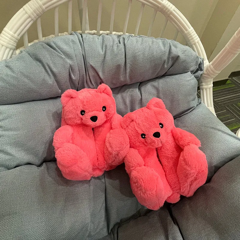 Halfinger Slippers Cute Furry Winter Warm Faux Fur Big Cartoon Teddy Bear Shoes for Kids and Adults