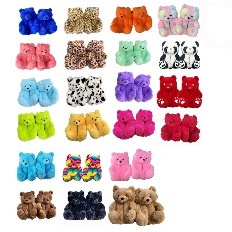Cute Furry Winter Warm Faux Fur Big Cartoon Teddy Bear Shoes for Kids and Adults Water Slippers