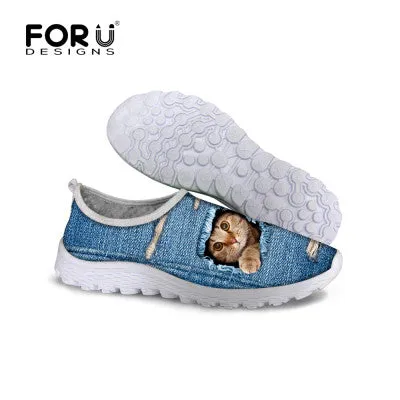 Cute Style Animal Dog Cat Printing Air Mesh Shoes for Women Ladies Casual Denim Shoes Female Girls Casual Breathable Shoes Oxfords Vs Loafers