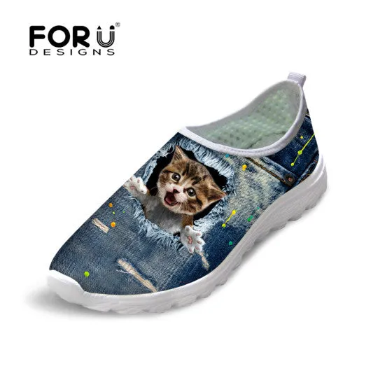 Wearing Penny Loafers Cute Style Animal Dog Cat Printing Air Mesh Shoes for Women Ladies Casual Denim Shoes Female Girls Casual Breathable Shoes