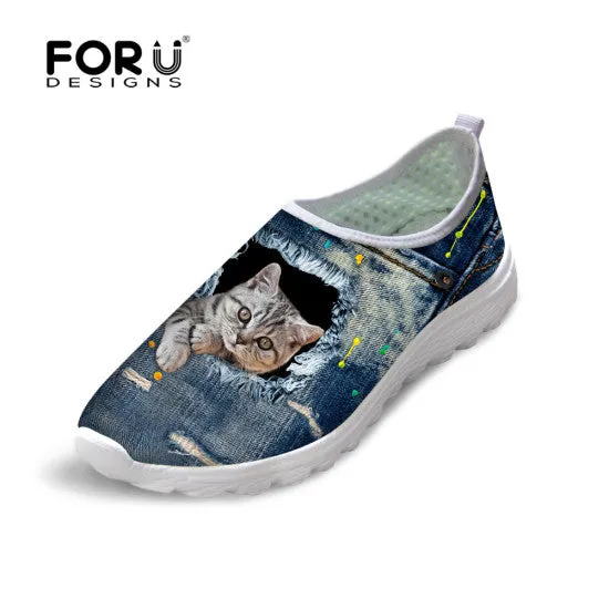 Cute Style Animal Dog Cat Printing Air Mesh Shoes for Women Ladies Casual Denim Shoes Female Girls Casual Breathable Shoes Vinny's Yardee Loafers