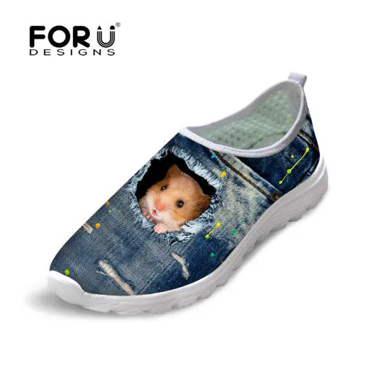 Cute Style Animal Dog Cat Printing Air Mesh Shoes for Women Ladies Casual Denim Shoes Female Girls Casual Breathable Shoes Carmina Loafers