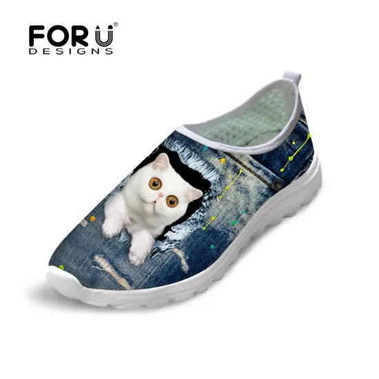 Cute Style Animal Dog Cat Printing Air Mesh Shoes for Women Ladies Casual Denim Shoes Female Girls Casual Breathable Shoes Loafers Restaurant