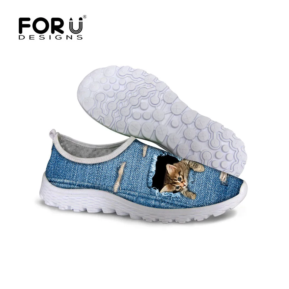 Cute Style Animal Dog Cat Printing Air Mesh Shoes for Women Ladies Casual Denim Shoes Female Girls Casual Breathable Shoes Loafers Bread Shoes