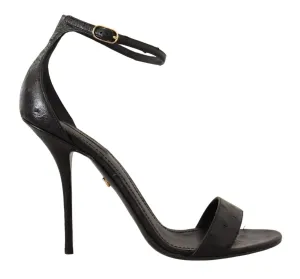 Dolce & Gabbana Black Ostrich Ankle Strap Heels Sandals Shoes Closed Toe Leather Sandals