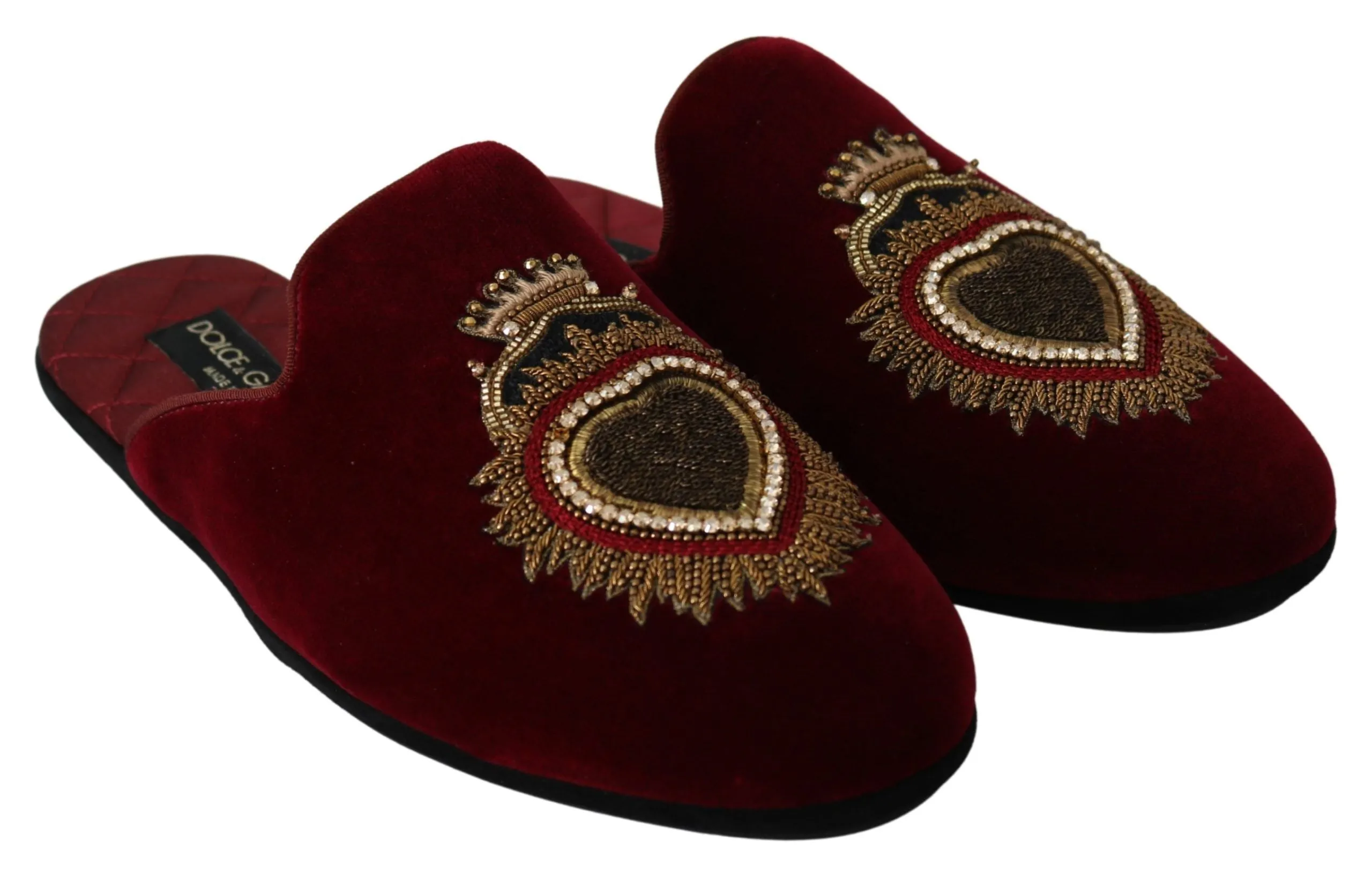 Dolce & Gabbana Red Velvet Embroidered Slides Evil Eye Sandals