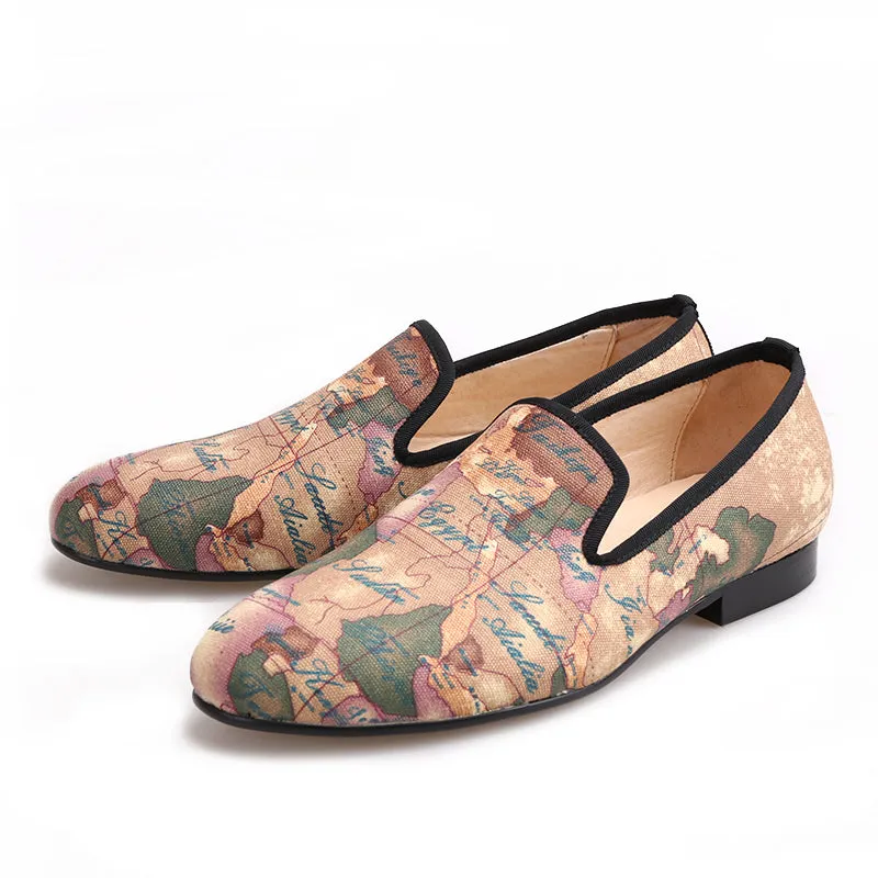 OneDrop Handcraft Men Fabric Dress Shoes Globe Printing Slippers Party Wedding Prom Loafers Funny Slippers