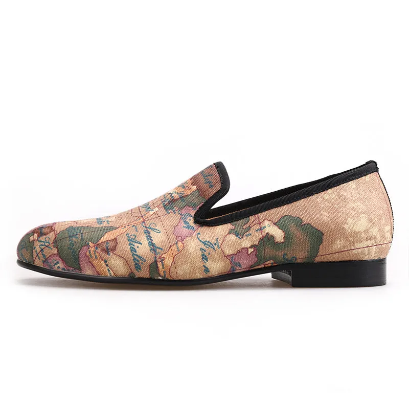 OneDrop Handcraft Men Fabric Dress Shoes Globe Printing Slippers Party Wedding Prom Loafers Slippers With Hard Bottom