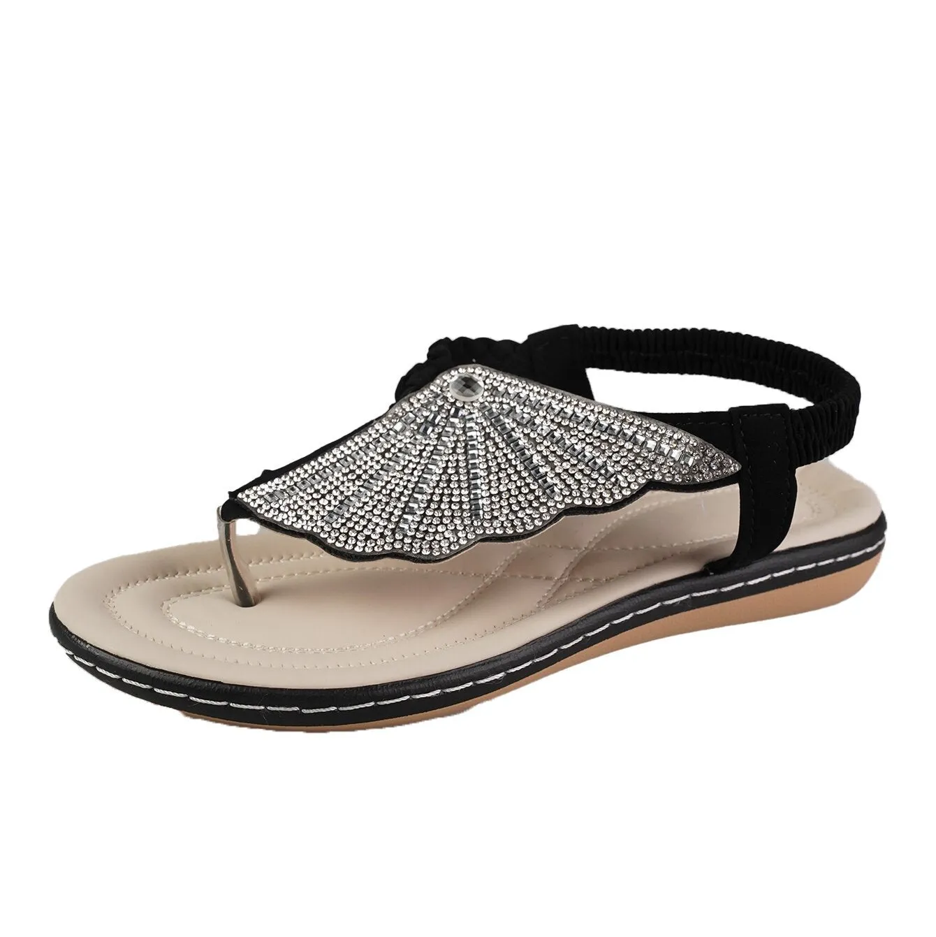 New Rhinestone Shell Flip-Flops Sandals Summer Beach Shoes For Women Fashion Casual Low Heel Flat Slides Slippers Braided Thong Flip Flops