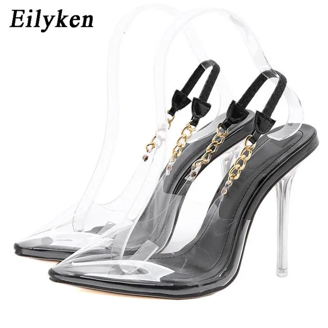 Comfortable Sandals Walking Eilyken Transparent Pumps Women Sexy Pointed Toe Chain Design Crystal Heel Ladies Shoes Stiletto High Heels Wedding Dress Shoes
