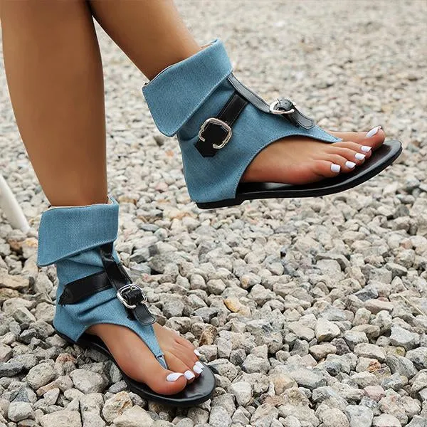 Soft Leather Flip Flops Women's Casual Belt Buckle High Top Flat Flip-Flop Sandals 67993441S