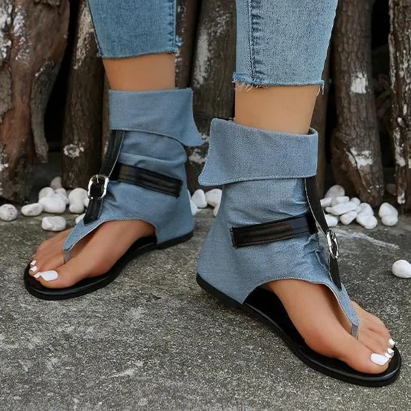 Women's Casual Belt Buckle High Top Flat Flip-Flop Sandals 67993441S Diy Cloth Flip Flops