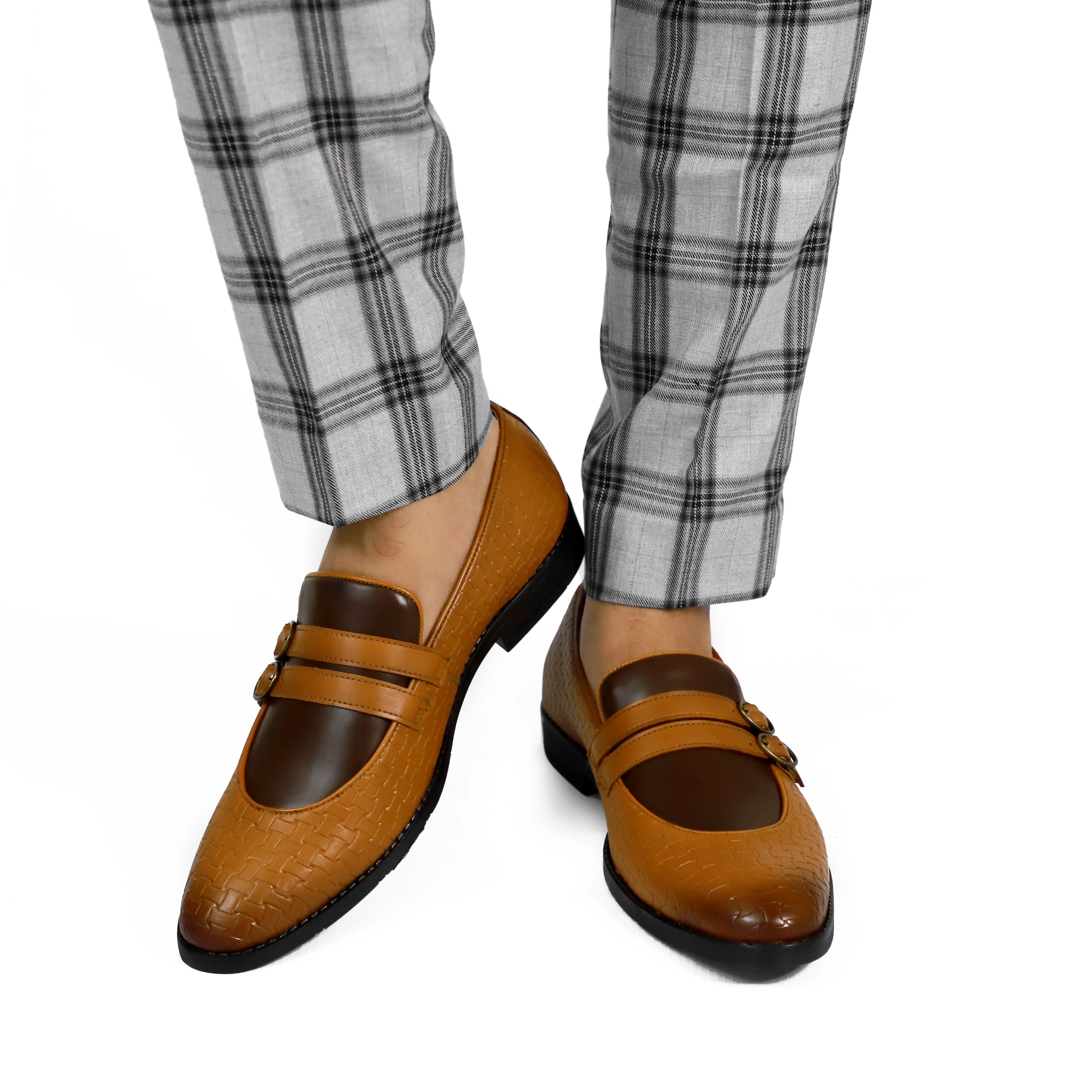 NICHE Tan Brown Weaved Monk Loafers Gold Loafers