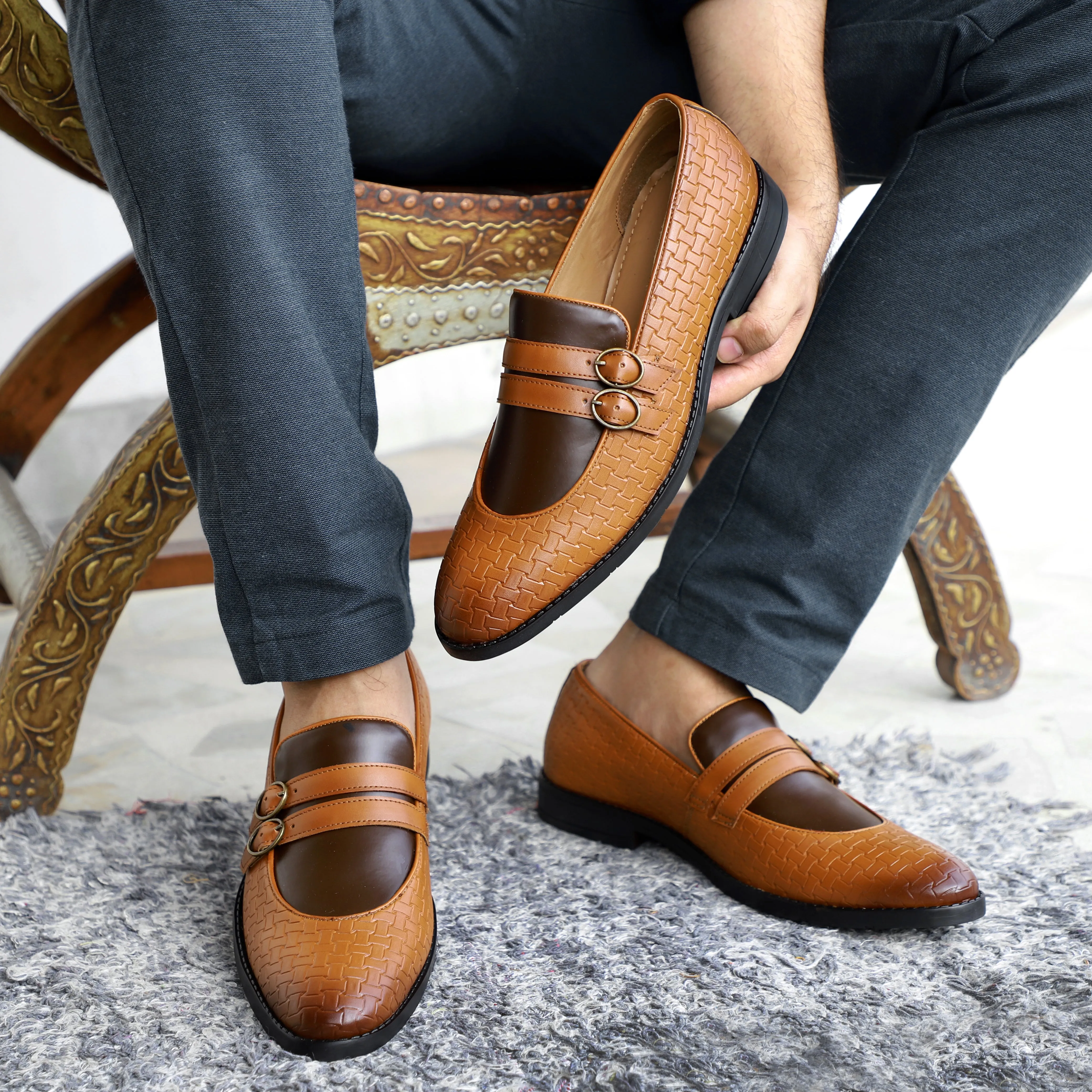 NICHE Tan Brown Weaved Monk Loafers Black Pants Brown Loafers
