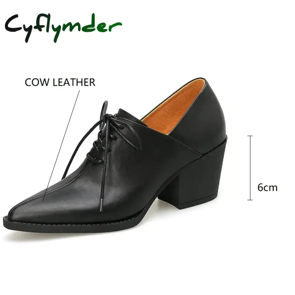Cyflymder New Spring Genuine Leather Women Shoes Pointed Toe Women Pumps Fashion High Heel Loafers Shoes for Women Chunky Heel Shoes Black Grey Loafers