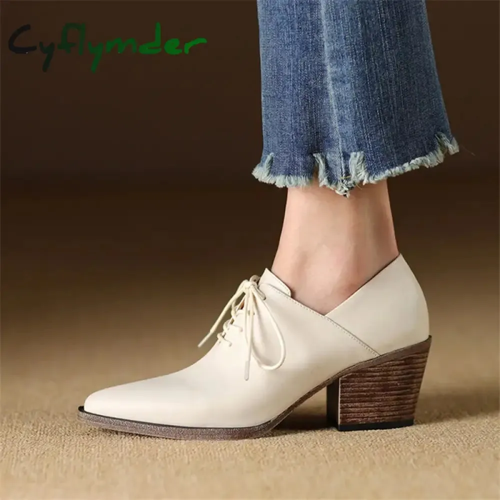 Loafers Spikes Cyflymder New Spring Genuine Leather Women Shoes Pointed Toe Women Pumps Fashion High Heel Loafers Shoes for Women Chunky Heel Shoes Black