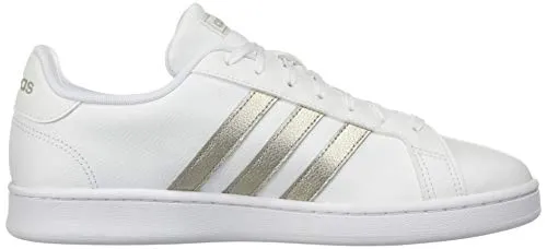 Adidas Cloudfoam Walking Shoes adidas Women's Grand Court Tennis Shoe, White/Platino Metallic/White, 7 M US