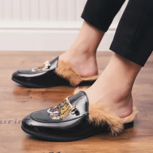 Leather Loafers Women Men's Italian Backless Patent Leather Loafers