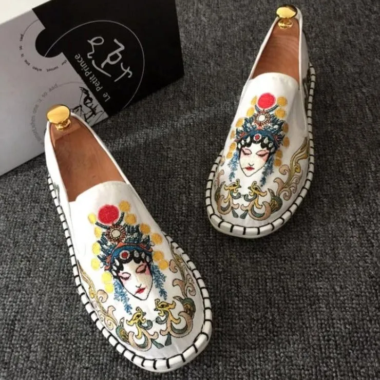 Facial Makeup Embroidery Traditional Chinese Causal Shoes Loafers Shoes Flat Sketch
