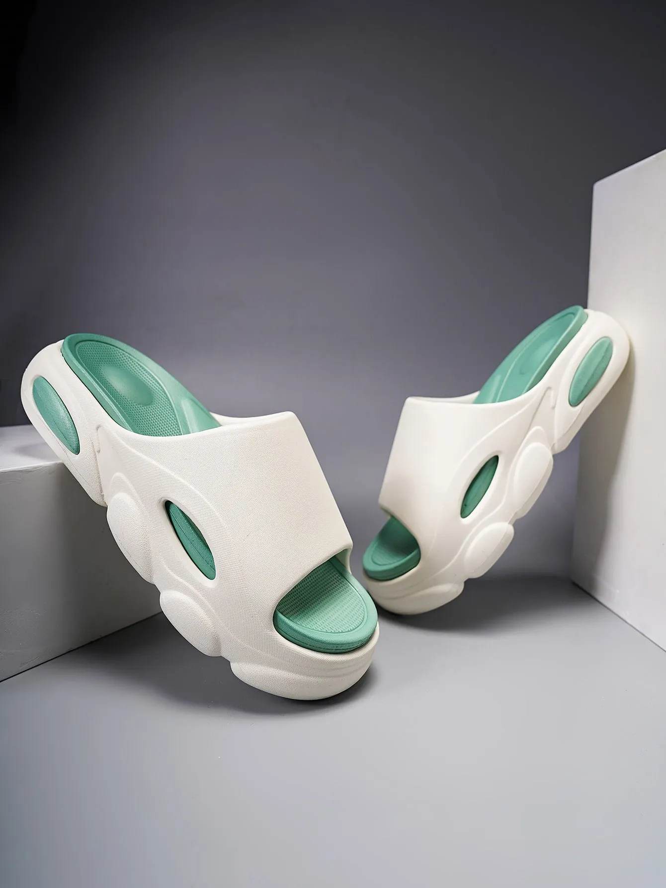 Bootie House Slippers Fashion Beige Slide Shoes For Men, Cut Out Single Band EVA Slippers