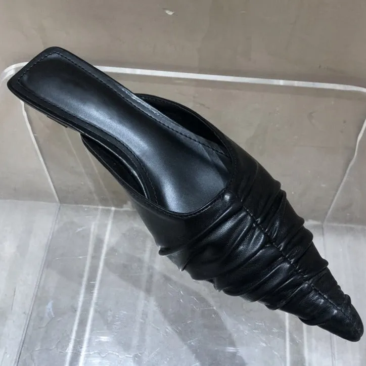 Feelz Good Flip Flops Fashion Brand Women Slipper Pointed Toe Slip on Mules Thin Low Heel Slides Shoes Pleated Design Sandal Flip Flops