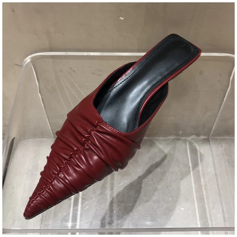 Fashion Brand Women Slipper Pointed Toe Slip on Mules Thin Low Heel Slides Shoes Pleated Design Sandal Flip Flops Best Water Flip Flops