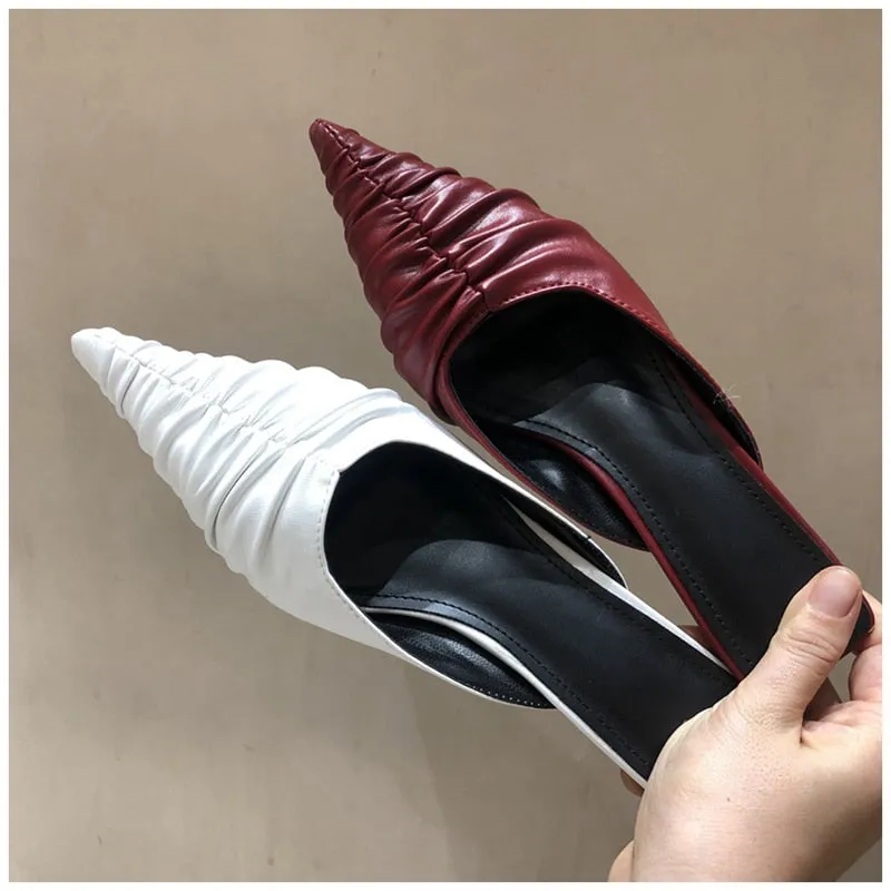 Fashion Brand Women Slipper Pointed Toe Slip on Mules Thin Low Heel Slides Shoes Pleated Design Sandal Flip Flops Flip Flop Donut Shop