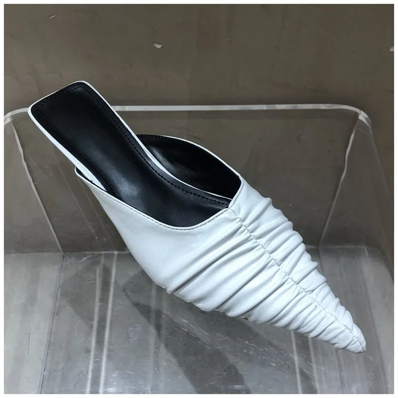 Stitch Flip Flops Fashion Brand Women Slipper Pointed Toe Slip on Mules Thin Low Heel Slides Shoes Pleated Design Sandal Flip Flops