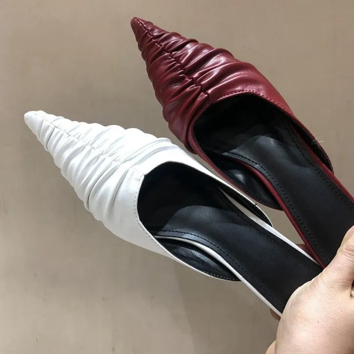 Fashion Brand Women Slipper Pointed Toe Slip on Mules Thin Low Heel Slides Shoes Pleated Design Sandal Flip Flops Hippy Flip Flops