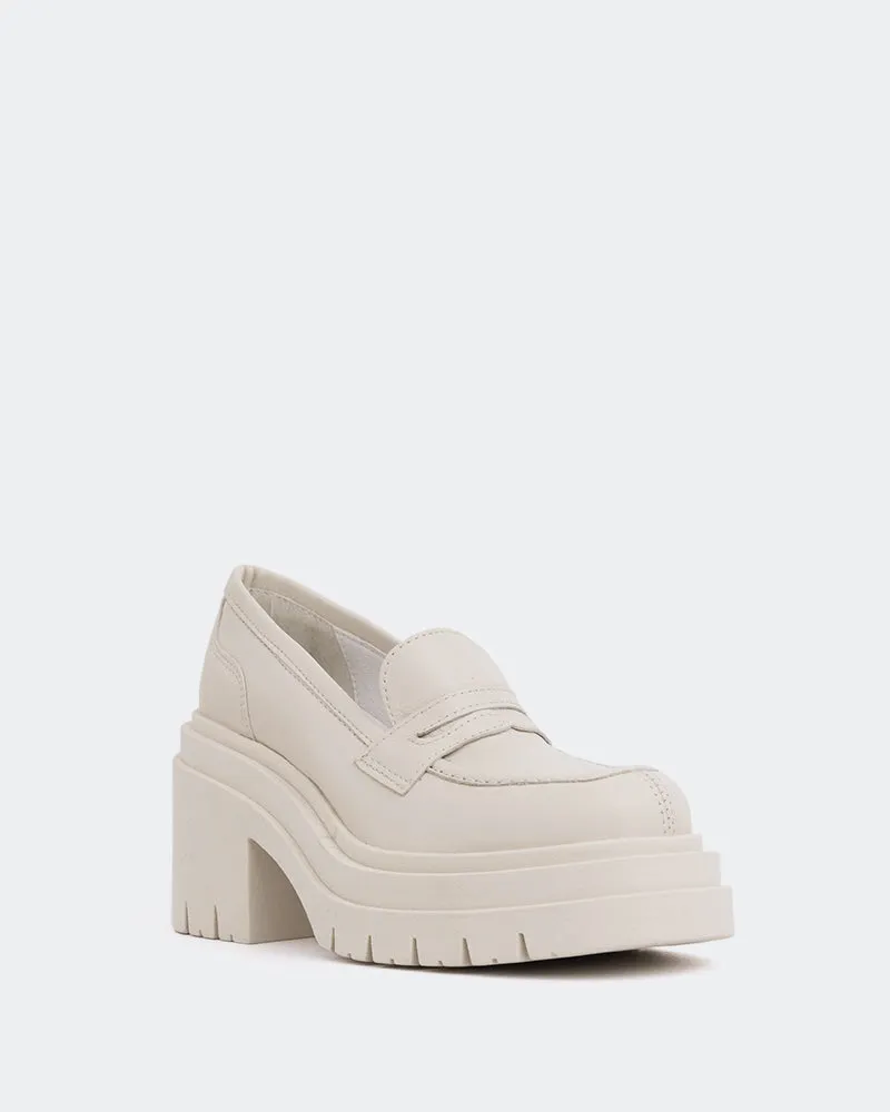 Block Heeled Loafers Chip Off White Leather