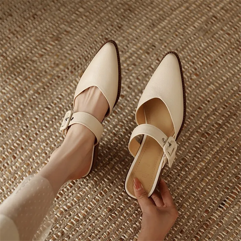Dancing Slippers For Wedding Guests Purpdrank - 2023 Summer Women Shoes Genuine Leather Mules Shoes for Women Pointed Toe Slippers Women Chunky Heel Cover Toe Slippers Shoes
