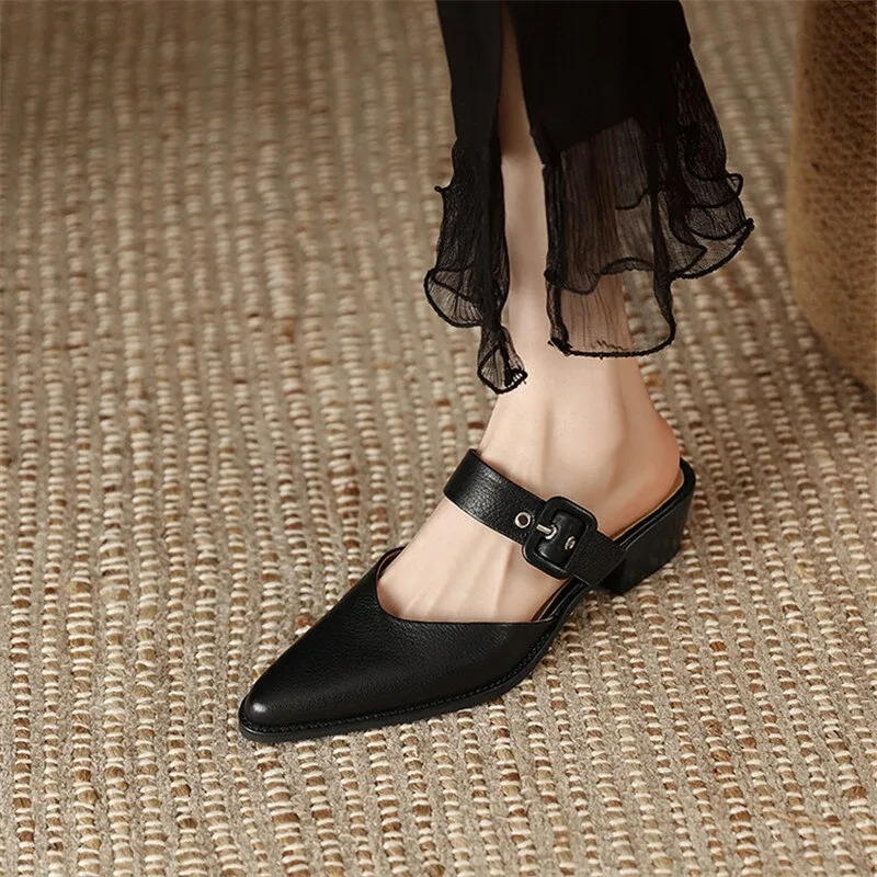 Purpdrank - 2023 Summer Women Shoes Genuine Leather Mules Shoes for Women Pointed Toe Slippers Women Chunky Heel Cover Toe Slippers Shoes Garfeild Slippers